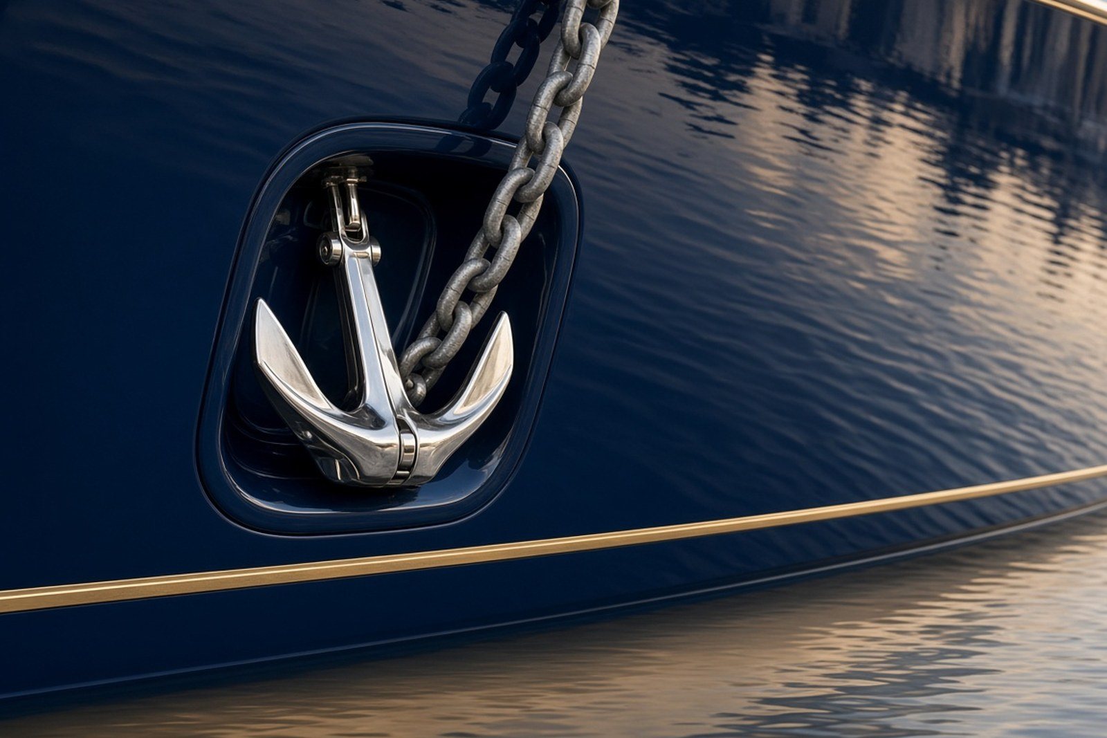 A polished stainless anchor in its pocket on a navy yacht hull with a thin gold stripe