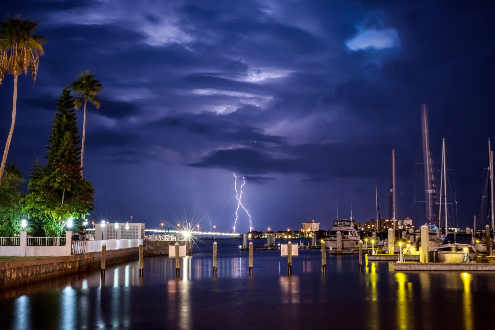 Lightning strikes over the water beyond a marina at night, with palm trees, dock lights and moored boats reflected under a dark, stormy sky