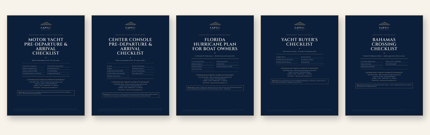 The five Captain JC checklist covers: motor yacht pre-departure, center console, Florida hurricane plan, yacht buyer’s checklist and Bahamas crossing