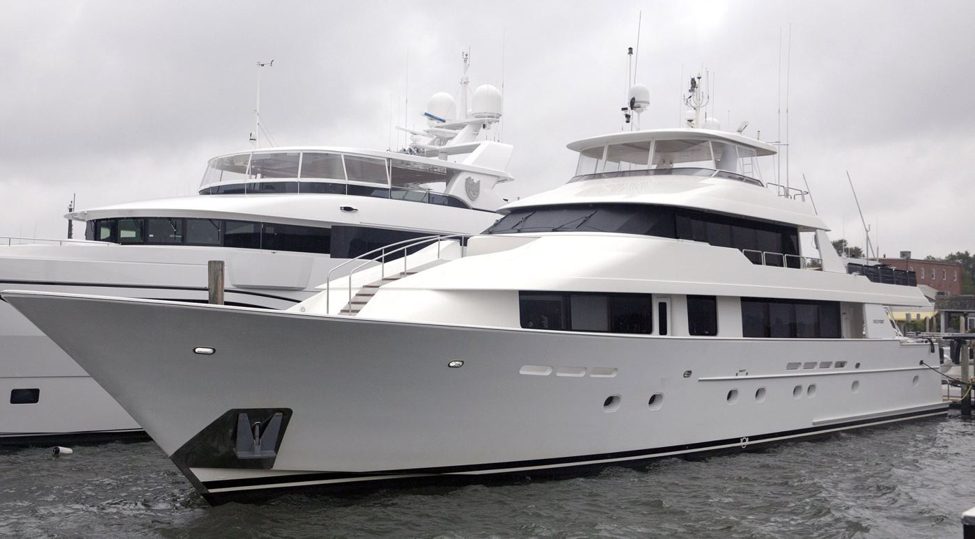 Westport tri-deck motor yacht, believed to be a Westport 130, moored at Sag Harbor